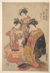 The Oiran Sugawara of Tsuru-ya seated beside a hibachi (fire box)
