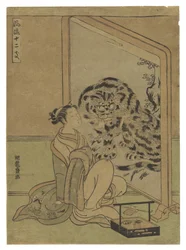 Woman by a Standing Screen Painted with a Tiger