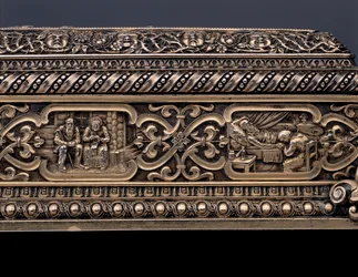 Detail of a Miniature Human Skeleton and Sarcophagus