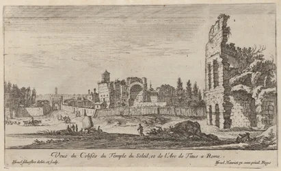 View of the Colosseum, the Temple of the Sun, and the Arch of Titus in Rome