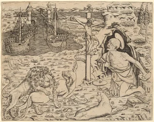 Saint Jerome in Penitence, with Two Ships in a Harbor