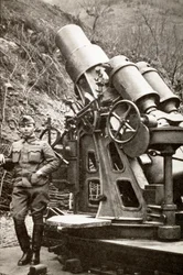 First World War: Italian Army Soldier Laying Near a Mortar, 1917, Italy