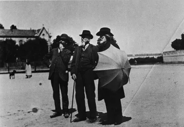 The composer Giuseppe Verdi (1813-1901), the architect Camillo Boito (1836-1914) and Noseda during the visit of the works of the rest house for composers (Casa di Riposo per Musicisti) around 1898 in Buonarroti Square in Milan