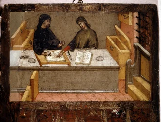 A chamberlain and a tax collector in the office, Biccherna (cover of the accounting register of the city of Siena) from 1394. National Archive - Museo delle Tavolette di Biccherna, Siena