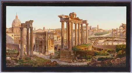 A Roman Micro-Mosaic Table-Top Inlaid with Figures Before the Temples of Castor and Pollux in the Roman Forum