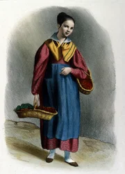 A young wandering strawberry saleswoman. Milanese metier engraving of Locarno from 1830