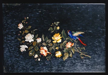 An Italian pietre dure inlaid black and white variegated marble table top