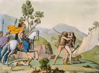 Ancient Celtic warriors on a foray encounter a couple out hunting