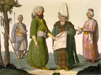 Bascia (Military Commander) a Bascia in Battle Dress, Body Guard of the Bascia and Page, plate 18 from Part III, Volume I of The History of the Nations, engraved by D.K. Bonatti