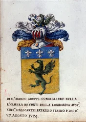 Blason of the Greppi family of Milan, helmet, fleur-de-lis and dragon. 18th century State Archive of Milan