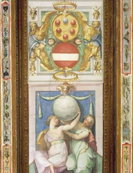 Ceiling decoration depicting two female figures supporting a globe: above is a depiction of the Medici coat of arms