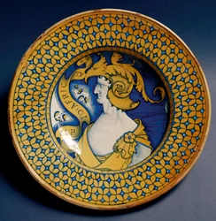 Ceramic plate decorated with a representation of Scipio Africanus (185-129 BC), produced in Deruta, Italy. Around 1520. Florence, Museo Nazionale del Bargello
