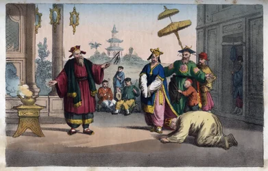 China - A theatrical performance in the open air - engraving from “Usi e costumi di tutti i popoli dell