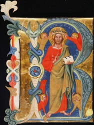 Christ the Redeemer - Initial R from a large-format illuminated manuscript