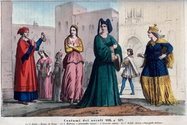 Costumes in Siena between the XIII and XIV century - engraving from Usi e Costumi di Tutti i Popoli dell