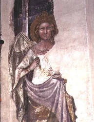 Crowned figure holding a palm frond, possibly an angel