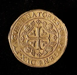 Currency of the Republic of Genoa: 20 gold doppie. Diameter 58 mm. 1645. Front. Genoa Musei di Strada Nuova