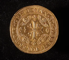 Currency of the Republic of Genoa: 25 Gold Doppie Coin. Diam. 52.5 mm. 1694. Front. Genoa, Musei di Strada Nuova (inv. 6457)