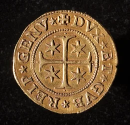 Currency of the Republic of Genoa: five gold doppie coin. Diam. 41 mm. 1642. Front. Genoa Musei di Strada Nuova