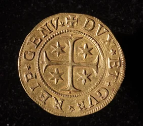 Currency of the Republic of Genoa: five gold doppie coin. 1652. (front)