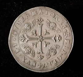 Currency of the Republic of Genoa: Six Ecus Silver Coin. 1715. Back. Genoa Musei di Strada Nuova