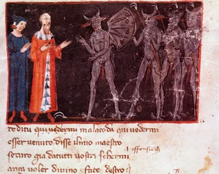 Dante and Virgil speak with Malacoda, leader of the Malebranche squadrons (song 21 from Hell, in the Divine Comedy) (miniature)
