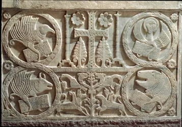 Detail of Stucco with Symbols of the Four Evangelists: the Angel for Saint Matthew, the Lion for Saint Mark, the Bull for Saint Luke, and the Eagle for Saint John. 730-740 Cividale, Battistero di San Callisto