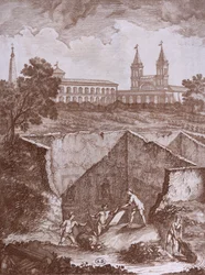 Discovery of a House and Frescoes in Rome in 1780, illustration from Peintures antiques retrouvees lors dune fouille en 1780, published in Rome 1783