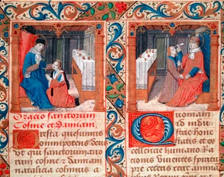 Doctor operating the skull of a patient (trepanation of the skull) Representation of Saints Cosimo and Damien, doctors. Miniature from the manuscript 