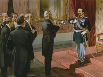 Duke of Sermoneta offering King Victor Emmanuel II the Rome plebiscite at Palazzo Pitti, Florence, 1870