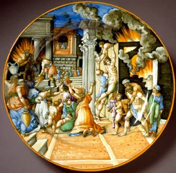 Aeneas and his father Anchises during the burning of Troy. Ceramic plate from Urbino. Circa 1560. National Museum of Bargello, Florence, Italy