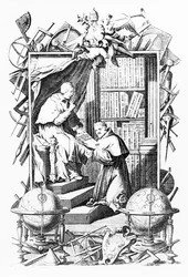 Frontispiece for Biblioteca Universale Sacro-Profana, Vol. 1 by Vincenzo Coronelli, print made by Alessandro dalla Via, published 1701