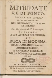 Frontispiece from an Early Copy of Mitridate, re di Ponte, an Opera by Wolfgang Amadeus Mozart, 1770