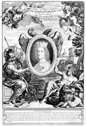 Frontispiece to Veteres arcus Augustorum triumphis insignes with a portrait of Cardinal Pietro Ottoboni, engraved by Robert van Audenaerde, 1690