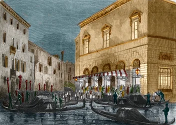 Gondoliers waiting for spectators outside the Teatro La Fenice, Venice, Italy, from Le Monde Illustre No. 564, 1868
