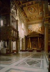 Gothic art: view of the papal altar above the Tabernacle made by Giovanni di Stefano around 1367 adorns twelve panels decorated with frescoes by Barna da Siena. 1367-1368. Basilica of St. John of Laterano