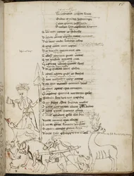 Harley 2453, f.55 A hunting scene with a boar, a stag, hunters, dogs and a hare (from 
