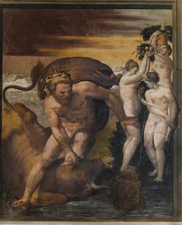 Hercules killing the Cretan bull, from the Yellow Room, Rocca Meli Lupi, Soragna, Parma