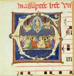 Historiated initial G depicting the Assumption of the Virgin