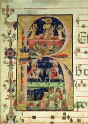 Historiated initial R depicting the resurrection, two knight saints and a bishop saint receiving relics