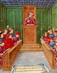 Teaching notarial law at the University of Bologna. Miniature from a 15th century manuscript Museo Civico, Bologna