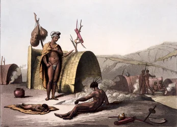 Huts and way of camp life of the Bushmen, from Costumi dei... by Giulio Ferrario, c.1820s-30s