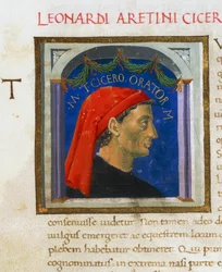Illuminated page with profile of Cicero, Volume I, left 1, f 303 r, Vitae virorum illustrium, by Plutarch, manuscript, Italy