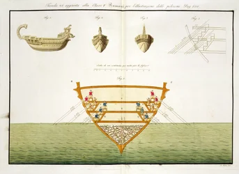Illustration of a Roman Polyreme, plate 26, class 5 from Part I of The History of the Nations, engraved by A. Nani
