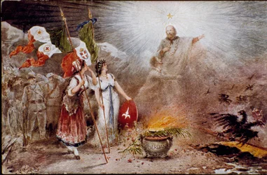 Italian unification: propaganda postcard glorifying Giuseppe Garibaldi, represented as a saint in the presence of Guglielmo Oberdan, a nationalist and irredentist, the Alpini and the Austrian eagle. Private collection