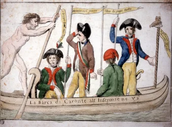 Italian cartoon about Napoleon Caron taking Napoleon to hell in his boat