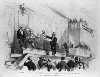 Italian composer Giuseppe Verdi (1813-1901) appointed senator to the Senate in 1874, Rome. Engraving from 1875.