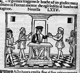 Judgement scene in Florence. Illustration for the news 75 (New 5 of the eighth day) of the 