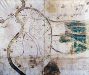 Map of territory of monastery of San Benedetto Po at confluence of Secchia and Mincio into Po, on right areas being reclaimed and drainage canals, Italy