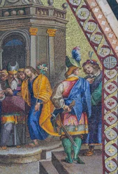 Marriage of Virgin, mosaic, upper cusp in facade of Orvieto cathedral, Umbria, Italy